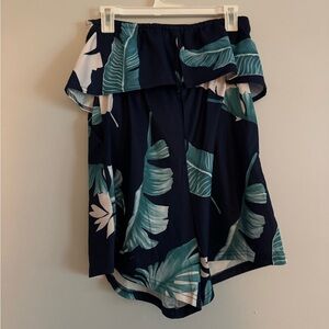 women’s romper, navy blue and teal leaves